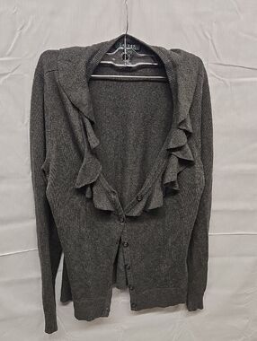 Ralph Lauren Dark Gray Ruffle-Front Button Cardigan Large